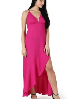 Little Wish - Solid Frill Asymmetric Dress ? Trendy Ruffle High-Low Midi Dress
