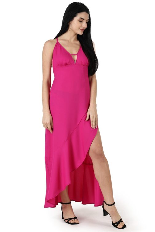 Little Wish - Solid Frill Asymmetric Dress ? Trendy Ruffle High-Low Midi Dress
