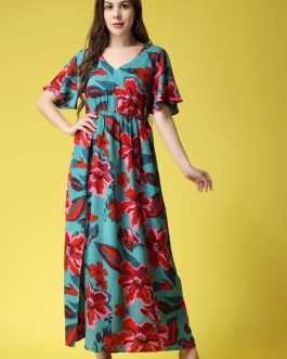 Little Wish - Turquoise Green Floral Printed Maxi Dress ? Vibrant Summer Beach Dress