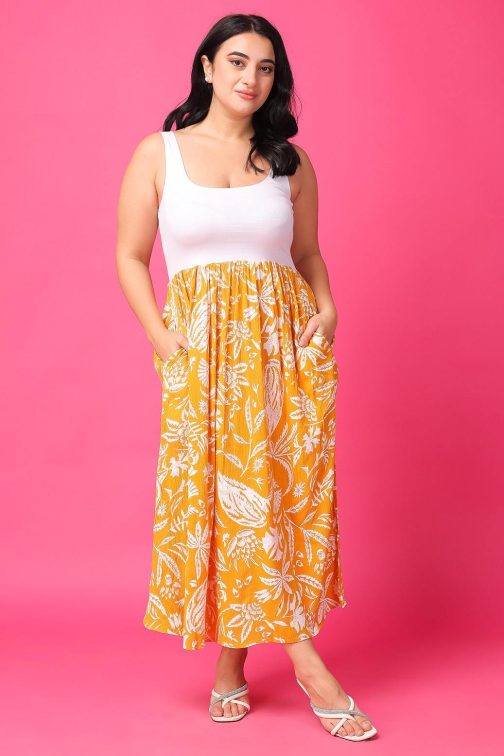 Little Wish - White & Yellow Solid Half Printed Mix Dress ? Unique Contrast Colorblock Dress