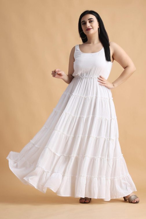 Little Wish - White Solid Frill Maxi Dress ? Elegant Layered Ruffled Gown
