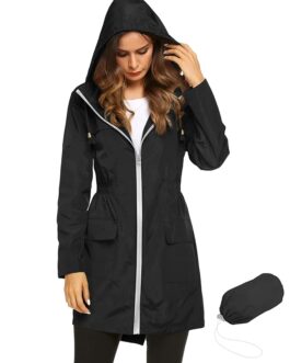 Women's Active Fit Black Waterproof Raincoat with Adjustable Hood – Lightweight Jacket for Outdoor Activities & Monsoon