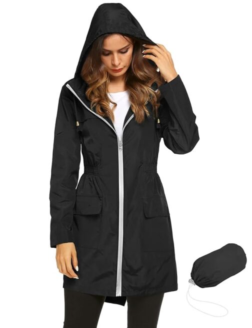 Women's Active Fit Black Waterproof Raincoat with Adjustable Hood – Lightweight Jacket for Outdoor Activities & Monsoon