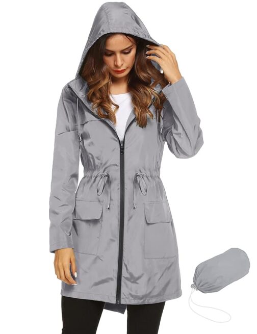 Grey Ladies’ Outdoor Rain Jacket – Lightweight, Packable, Waterproof Hooded Coat for Travel & Adventure