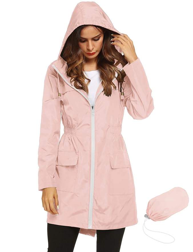 Women Fleece Lined Rain Jackets With Hood Waterproof Lightweight Rain Coats Plus Size Outdoor Trench Outerwear Parka(Large,Green