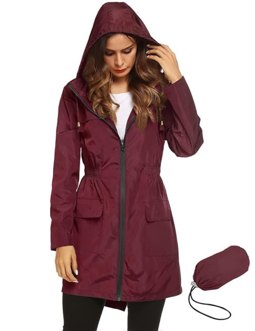 Women's Lightweight Red Waterproof Rain Jacket with Hood – Active Outdoor Windbreaker for Hiking & Travel