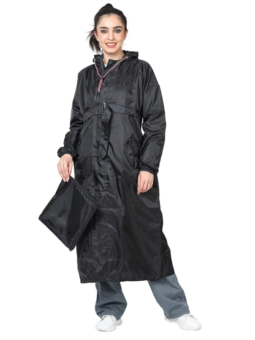 Luxury Waterproof Women's Raincoat – Long Hooded Rainwear with Back Reflector for Night-Time Safety