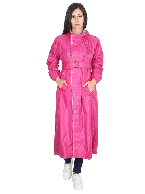 Women's Full-Length Waterproof Raincoat with Adjustable Hood & Night Safety Reflective Back Design