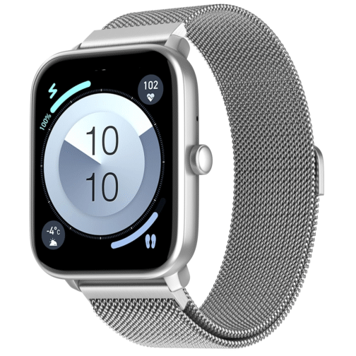 ColorFit Pro 4 Alpha – Premium AMOLED Silver Link Smartwatch with Bluetooth Call & Functional Crown