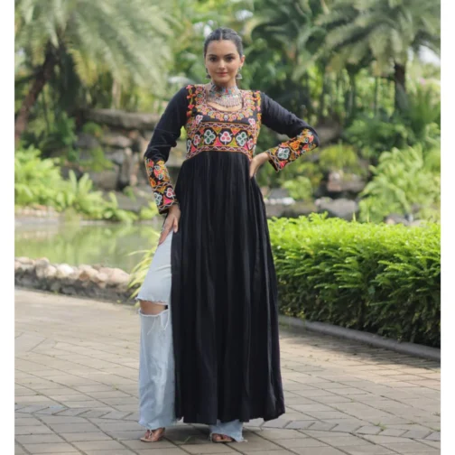 Designer Black Embroidered Garba Kurti for Women & Girls | Navratri Festival Special Long Kurti with Mirror Work