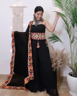 Black Sleeveless Gown Set for Garba | Navratri Exclusive with Vibrant Embroidered Dupatta and Belt