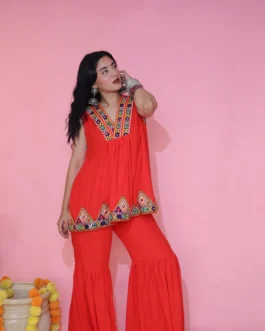 Trendy Red Ethnic Co-ord Set for Navratri | Mirror Work Inspired Embroidered Festive Wear