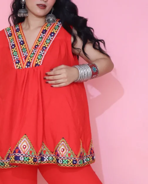 Trendy Red Ethnic Co-ord Set for Navratri | Mirror Work Inspired Embroidered Festive Wear - Image 2