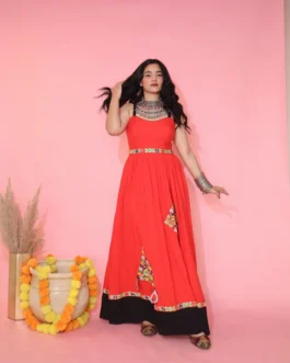 Stylish Red & Black Navratri Gown | Mirror Embroidered Sleeveless Dress for Dandiya Nights