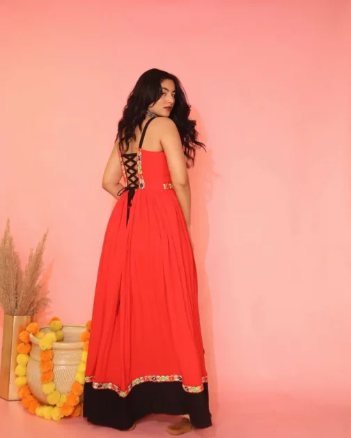 Stylish Red & Black Navratri Gown | Mirror Embroidered Sleeveless Dress for Dandiya Nights - Image 2