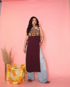 Navratri Special Brown Patchwork Kurta | Mirror Embellished Sleeveless Top for Dandiya Nights