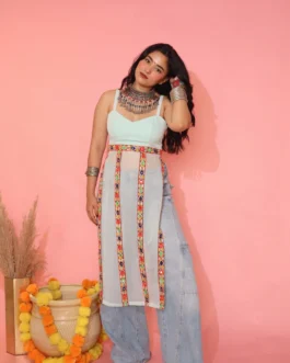 Navratri Special White Patchwork Kurta | Mirror Embellished Sleeveless Top for Dandiya Nights