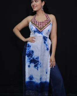 Tie-Dye Navratri Kurta with Kutchi Hand Embroidery | Halter Neck Mirror Work Top for Women