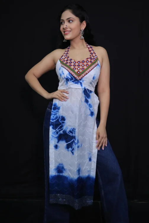 Tie-Dye Navratri Kurta with Kutchi Hand Embroidery | Halter Neck Mirror Work Top for Women