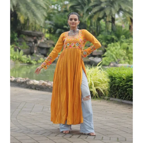 Elegant Yellow Embroidered Navratri Kurti for Women | Stylish Garba Outfit with Traditional Mirror Work