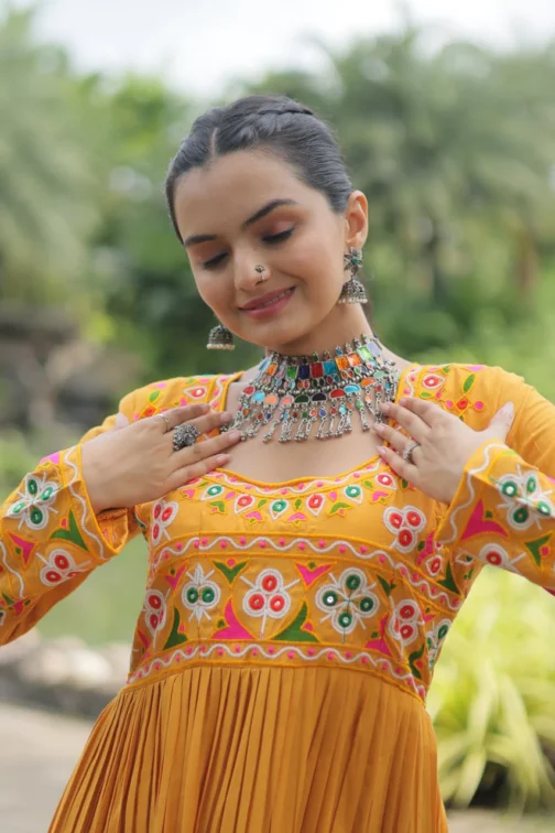 Elegant Yellow Embroidered Navratri Kurti for Women | Stylish Garba Outfit with Traditional Mirror Work - Image 2
