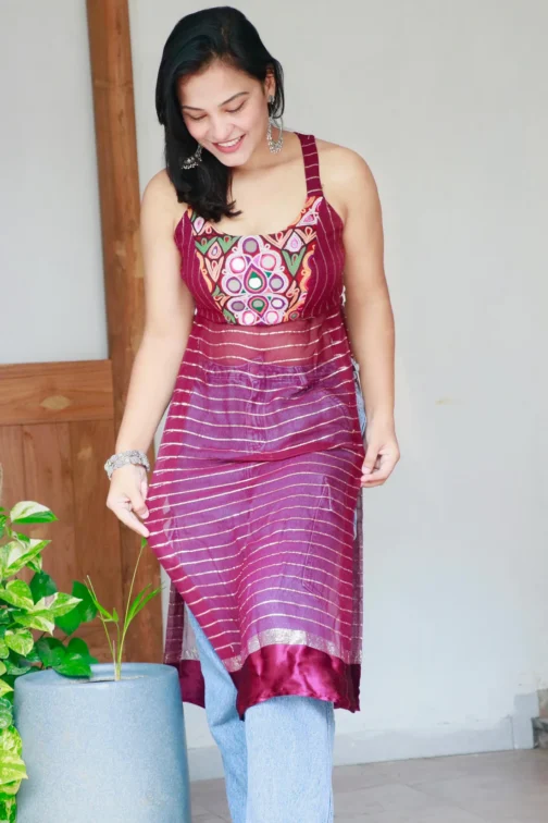 Designer Maroon Georgette Navratri Kurta with Kutchi Mirror Embroidery