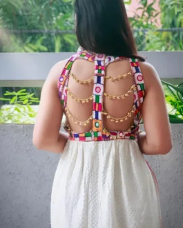 Kutchi Handwork Kurta in White with Colorful Geometric Yoke | Navratri Special
