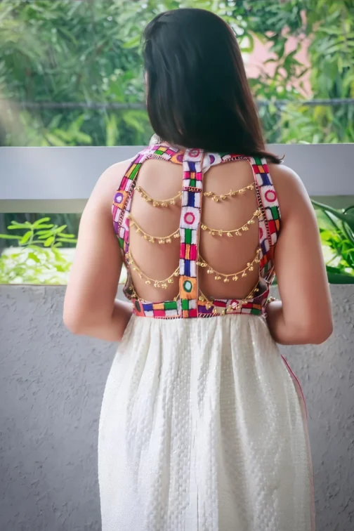 Kutchi Handwork Kurta in White with Colorful Geometric Yoke | Navratri Special