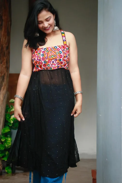 Multicolor Kutchi Yoke Kurta on Black Georgette – Fusion Style for Garba - Image 2
