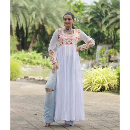 Stylish Mirror Work Garba Kurti | Long White Embroidered Kurti for Navratri Nights & Dandiya Events