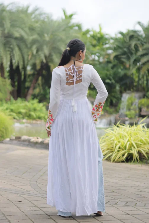 Stylish Mirror Work Garba Kurti | Long White Embroidered Kurti for Navratri Nights & Dandiya Events - Image 2