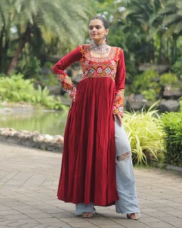Traditional Embroidered Kurti for Navratri | Maroon Garba Wear for Women & Girls with Vibrant Kutchi Design