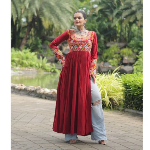 Traditional Embroidered Kurti for Navratri | Maroon Garba Wear for Women & Girls with Vibrant Kutchi Design