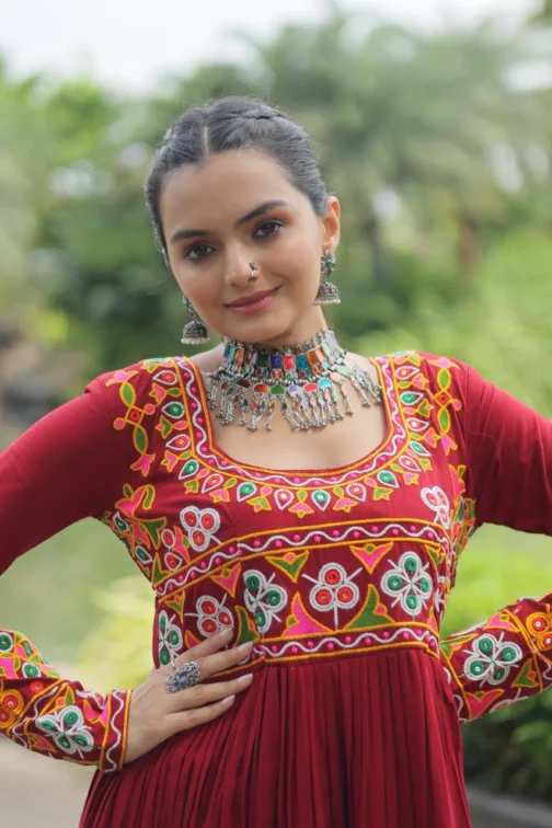 Traditional Embroidered Kurti for Navratri | Maroon Garba Wear for Women & Girls with Vibrant Kutchi Design - Image 2