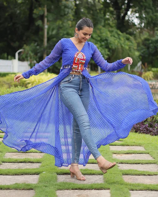 Traditional Navratri Kurti in Blue | Laheriya Print Georgette Dress for Women’s Festival Look