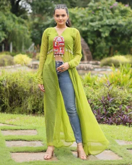Green Festive Kurti for Women | Laheriya Print Georgette Long Kurta for Navratri & Dandiya