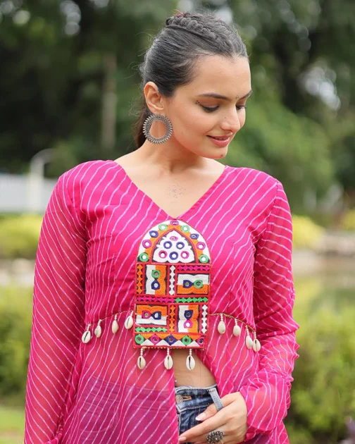 Navratri Special Rani Pink Laheriya Print Kurti | Lightweight Georgette Dandiya Dress for Women - Image 2