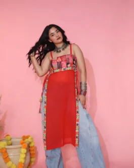 Navratri Special Red Patchwork Kurta | Mirror Embellished Sleeveless Top for Dandiya Nights