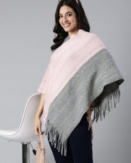 Women's Colourblocked Pink Knitted Poncho