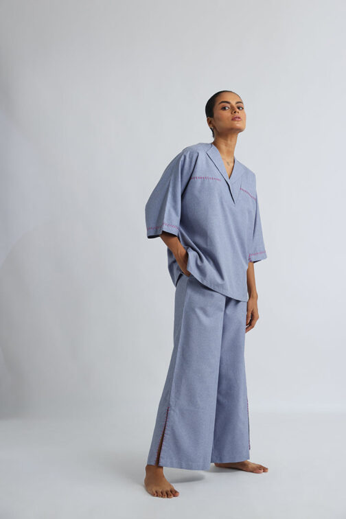 Relaxed Fit Blue-Grey Co-ord Lounge Set, Oversized Women's Loungewear