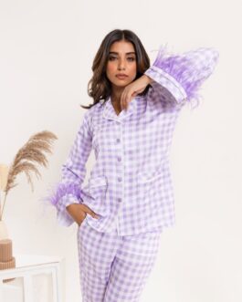 Lilac 'Rapunzel' Pajama Set with Faux Feather Cuffs, Fairytale Sleepwear