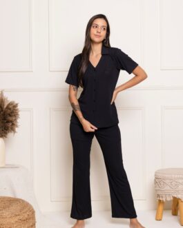 Classic Solid Black Notched Collar Pajama Set, 'Blackout' Minimalist Sleepwear