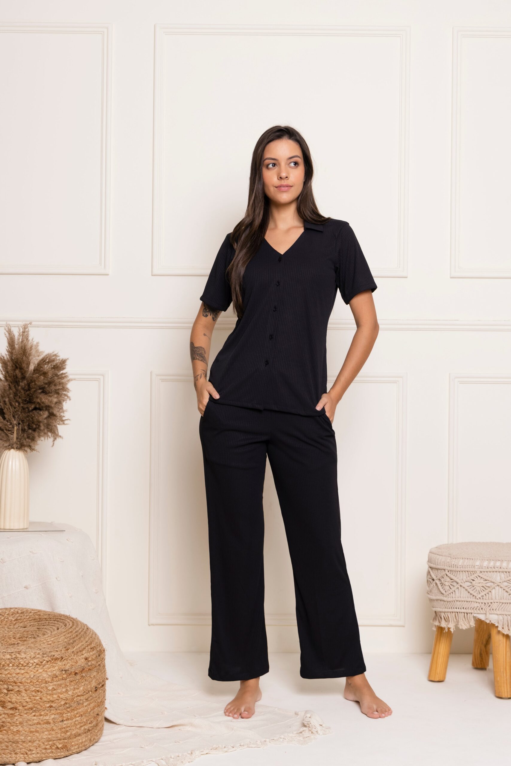 Classic Solid Black Notched Collar Pajama Set, 'Blackout' Minimalist Sleepwear - Image 2