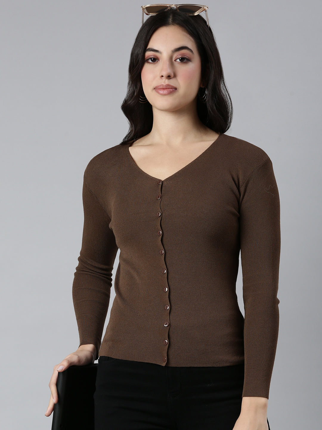 Women's Solid Brown Knit Cardigan