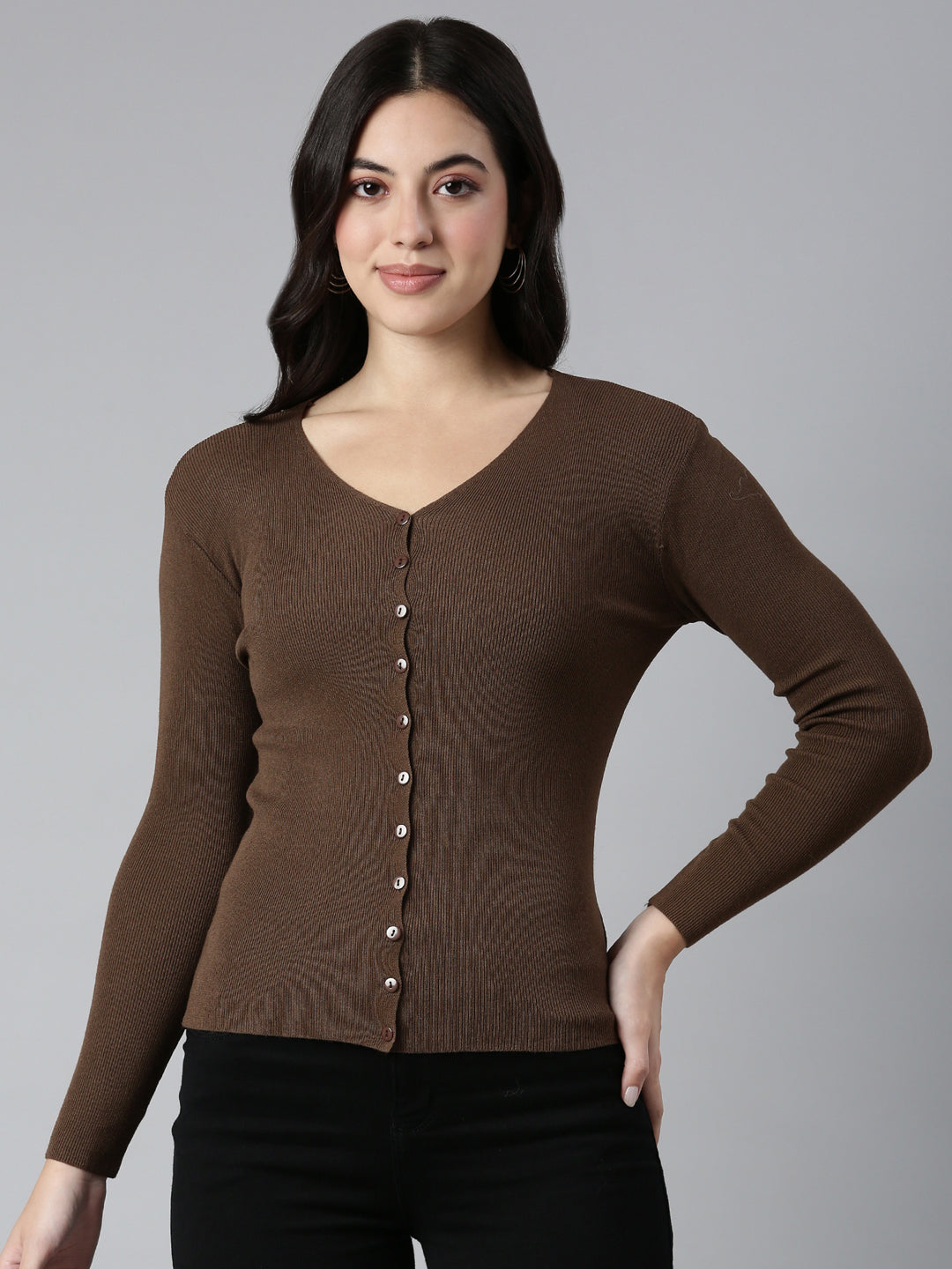 Women's Solid Brown Knit Cardigan - Image 2