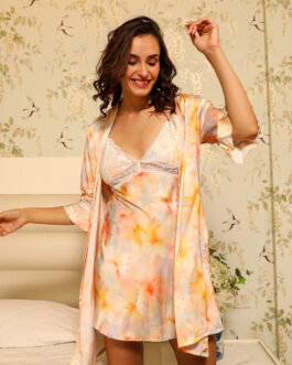 'Floral Dream' Satin Short Robe, Silky Botanical Kimono