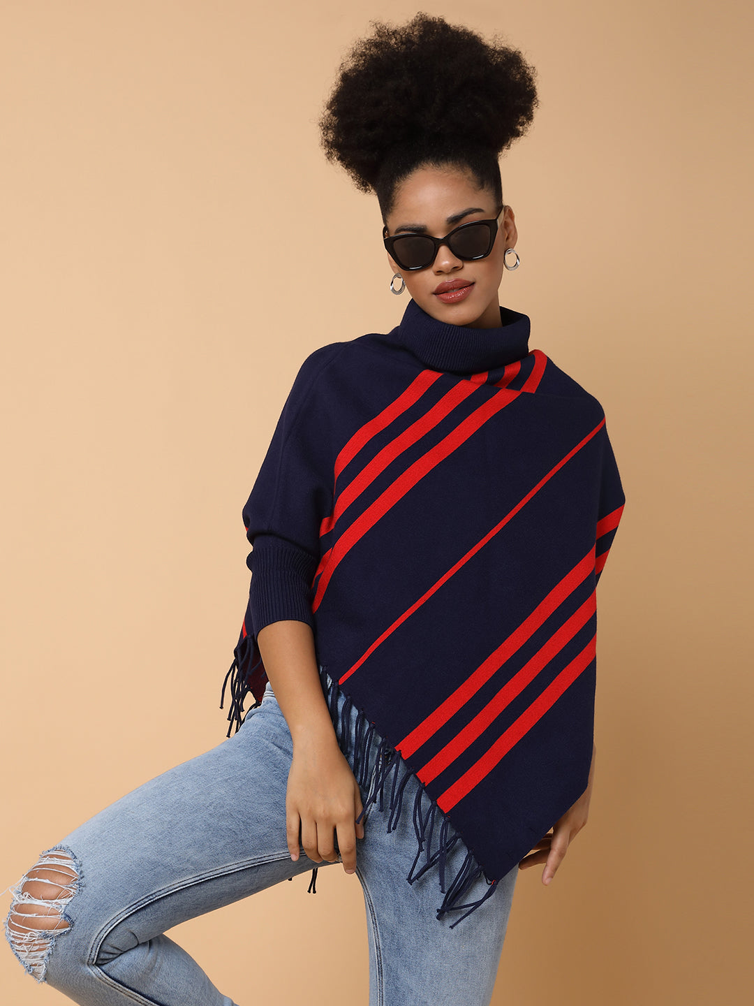 Women's Striped Navy Blue Knitted Poncho