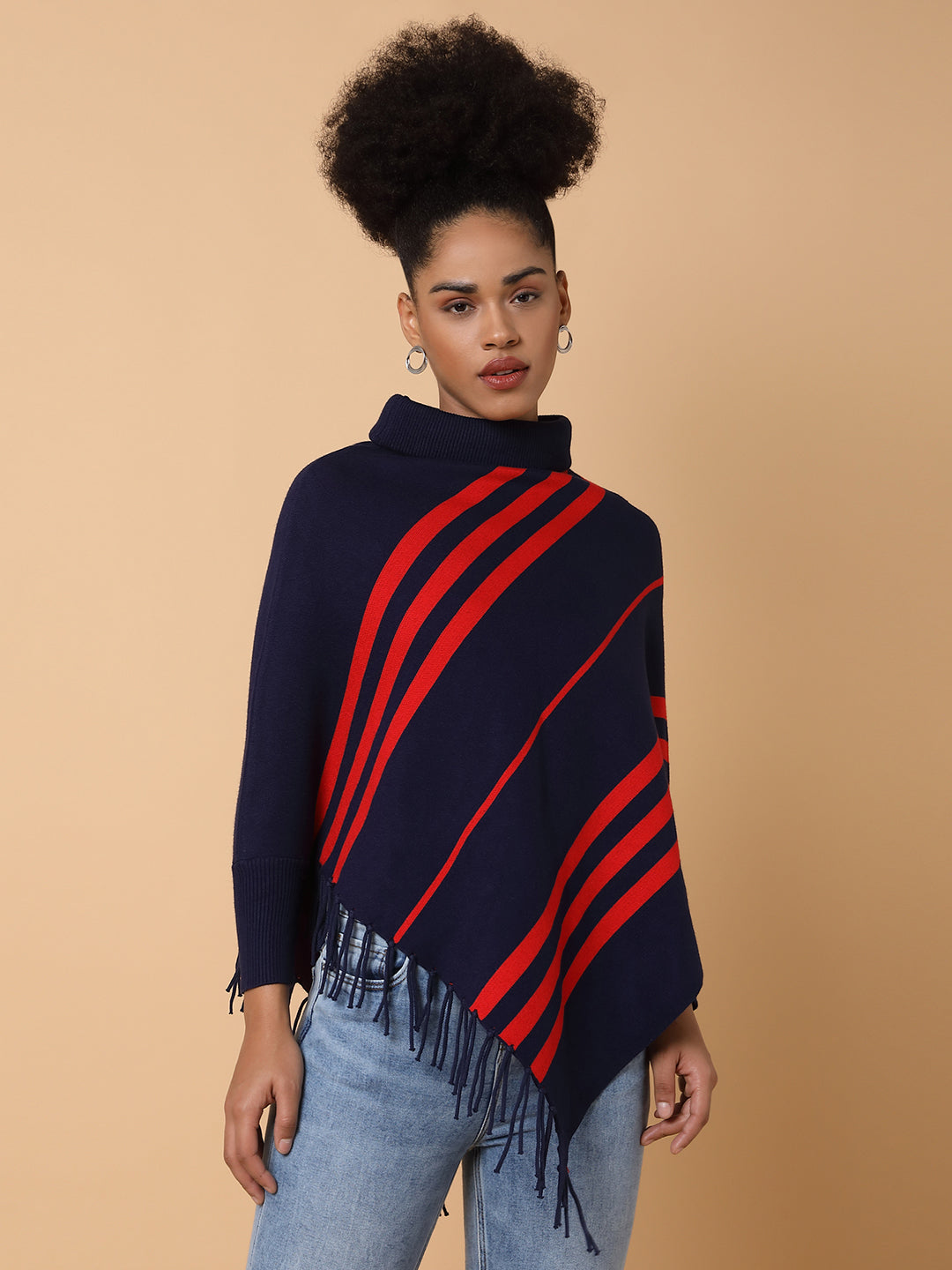 Women's Striped Navy Blue Knitted Poncho - Image 2