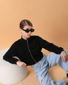 Women's Black Solid Cotton Fleece Sweatshirt