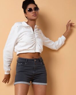 Women's White Solid Cotton Sweatshirt for Women